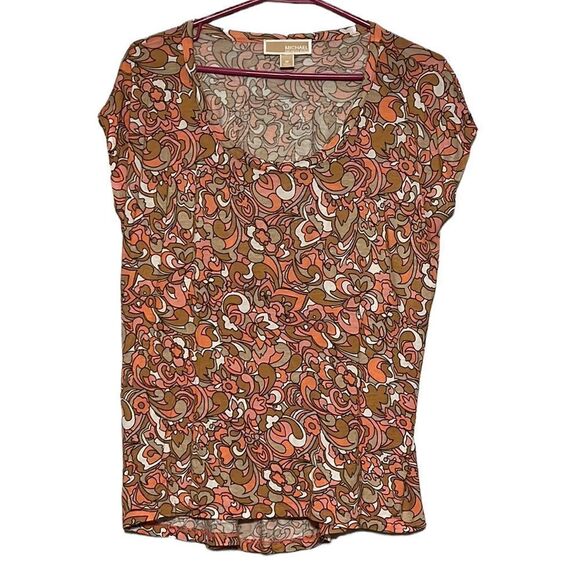 Michael Kors Top Woman's Size Medium Short Cap Sleeve Round Neck Viscose Retro - Picture 1 of 7